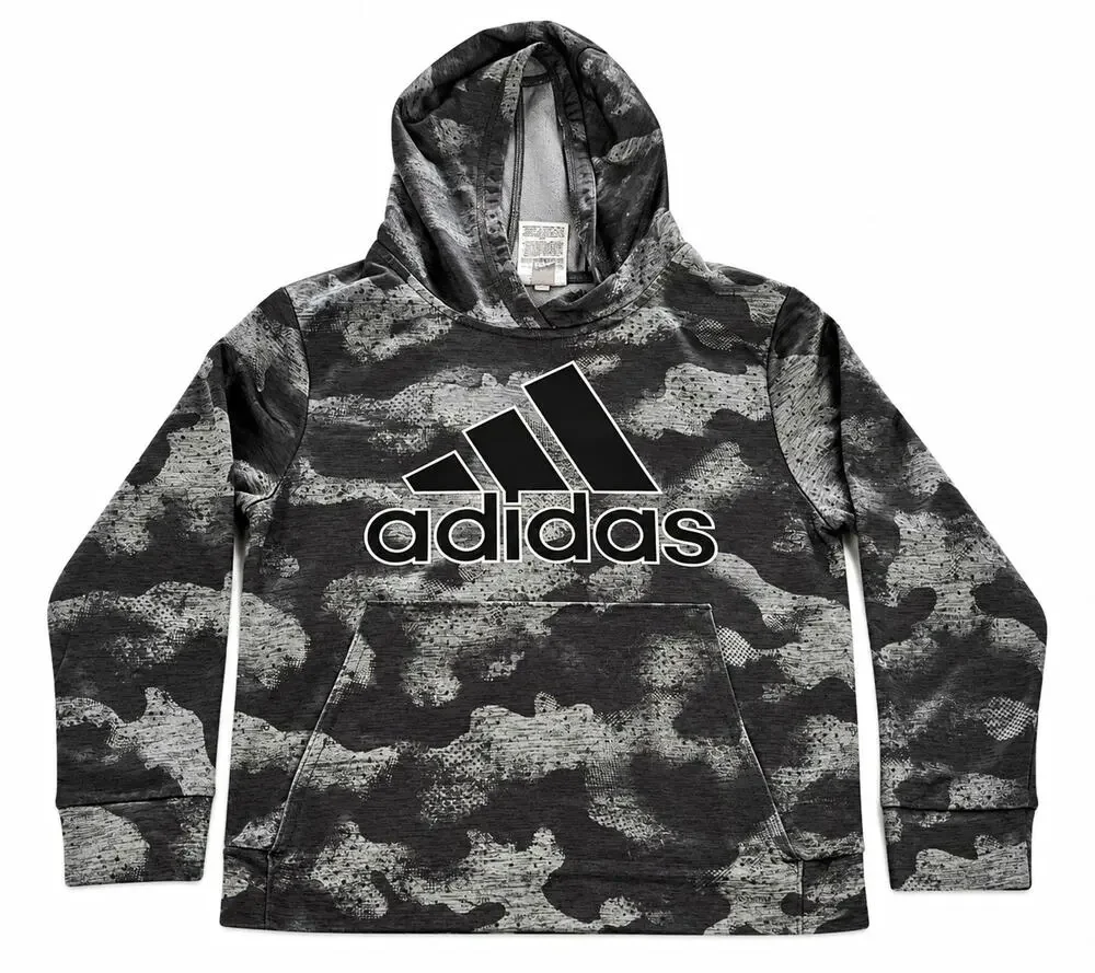 Adidas Boys Size 8 Gray/Black Camo Pullover Hoodie Fleece Polyester Logo Pockets